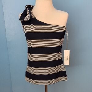 NWT Bishop + Young Camila One-Shoulder Navy and White Stripe Top Size M